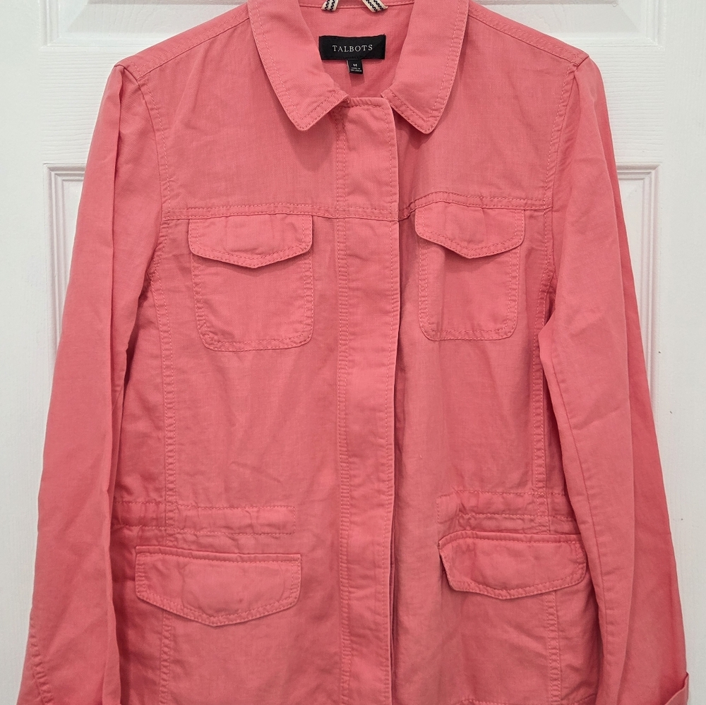 TALBOTS Linen Blend Utility Jacket in Washed Salmon Size Medium Womens Full Zip - Picture 4 of 16